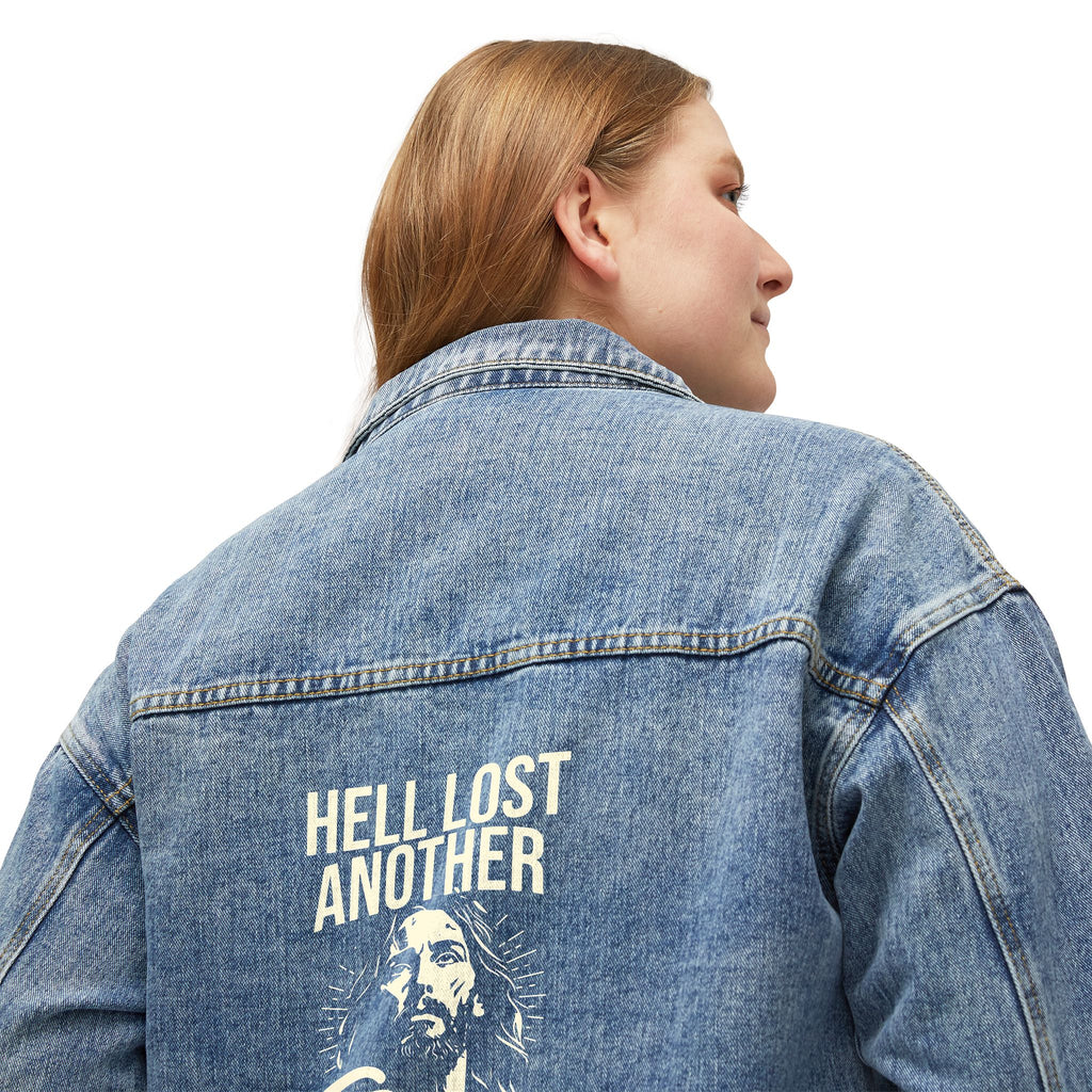 Chic Women's Denim Jacket with 'Hell Lost Another One' Design